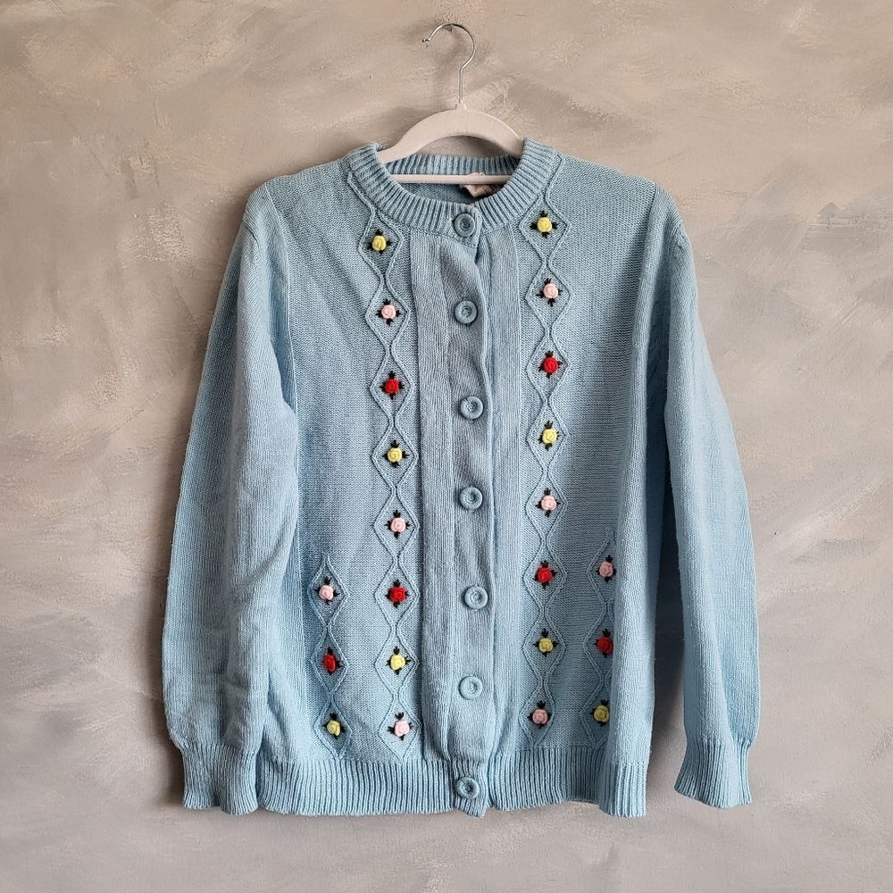 Vintage Blue Embroided Rose 3D Cardigan Sweater Large Bonnie Brook Button Up